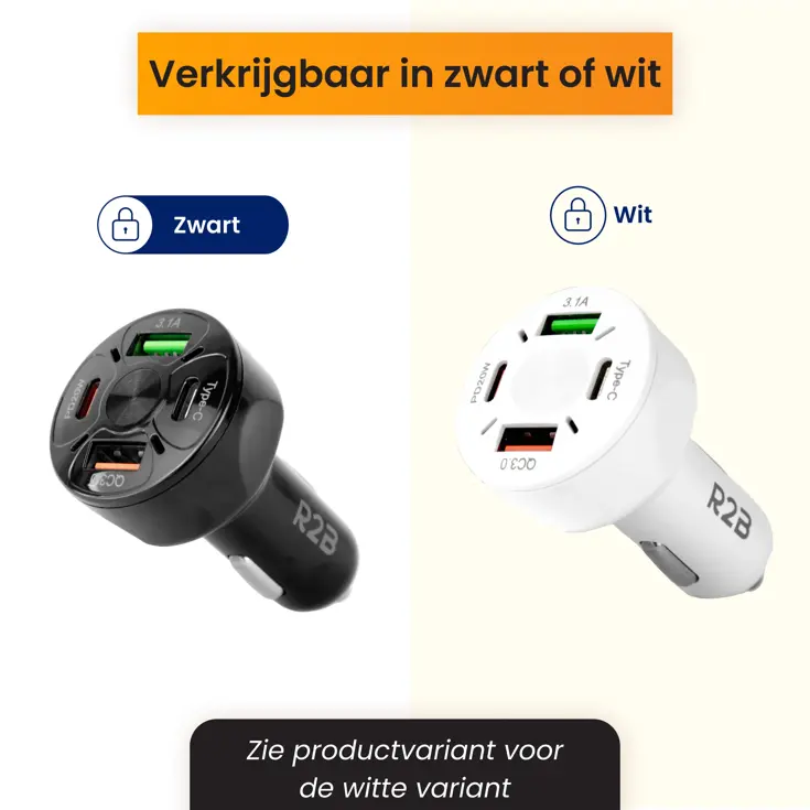 Autolader USB C & USB A, Snellader, Zwart