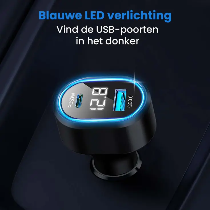 48W Autolader USB-C LED Spanningsmeter 12V