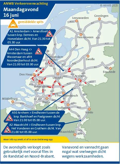 Verkeersverwachting maandagavond 16 juni: Gebruikelijke avondspits. 's Avonds en 's nachts meerdere snelwegen dicht vanwege werkzaamheden.