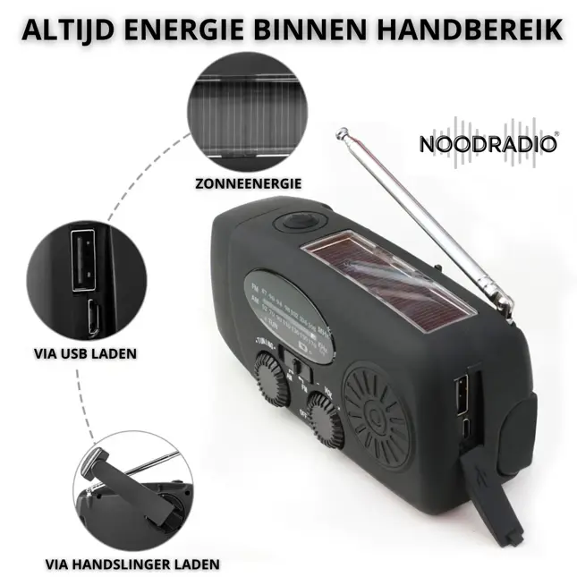 Noodradio® Solar Powerbank Opwindbaar Zwart
