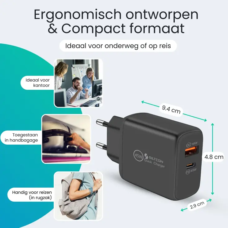 USB-C Snellader - 45W + USB-A 18W - 2m