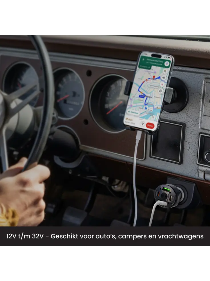 Autolader USB C & USB A, Snellader, Zwart