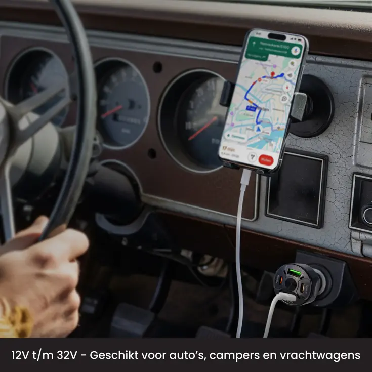 Autolader USB C & USB A, Snellader, Zwart