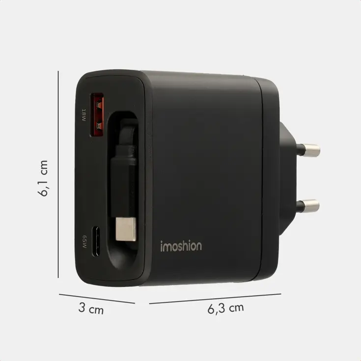 65W Oplader uittrekbare USB-C kabel USB-A + USB-C
