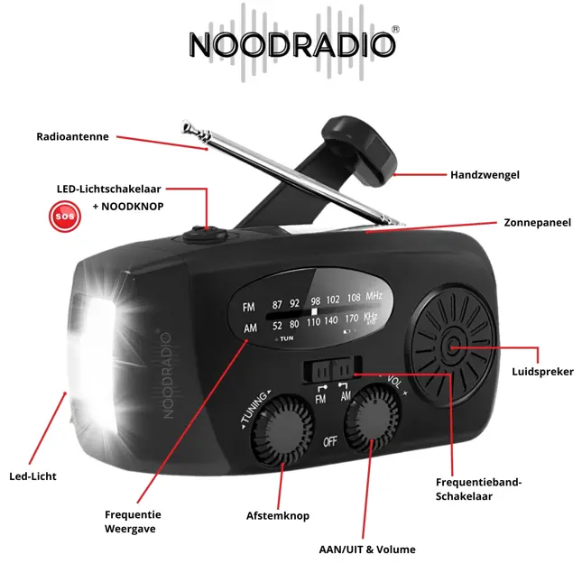 Noodradio® Solar Powerbank Opwindbaar Zwart