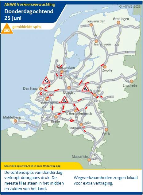 Donderdagochtend een gemiddelde spits. De meeste files in het zuiden van het land. Lokaal zorgen werkzaamheden voor vertraging.