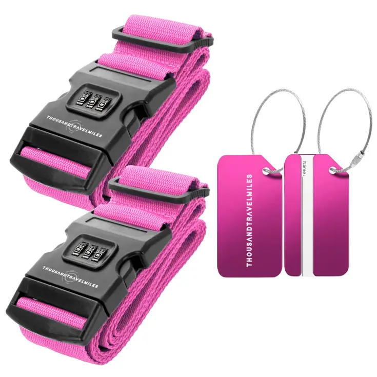2 Kofferriem + 2 Bagagelabel –4-delig– Roze