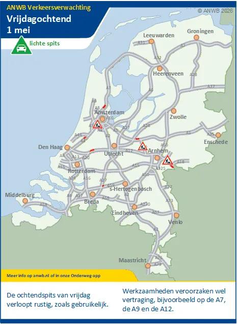 Vrijdagochtend een lichte spits. Verschillende werkzaamheden (A7, A9 en A12) geven vertraging.