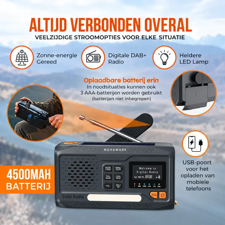 Noodradio Solar Opwindbaar - DAB+/FM - 4500mAh