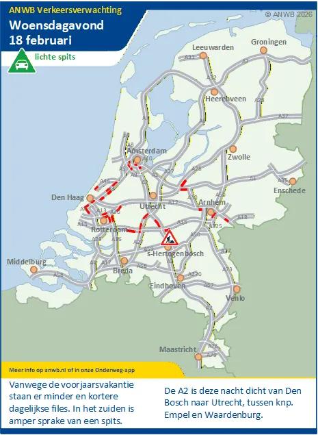 Woensdagavond een lichte spits. Minder woon-werkverkeer door de voorjaarsvakantie.
