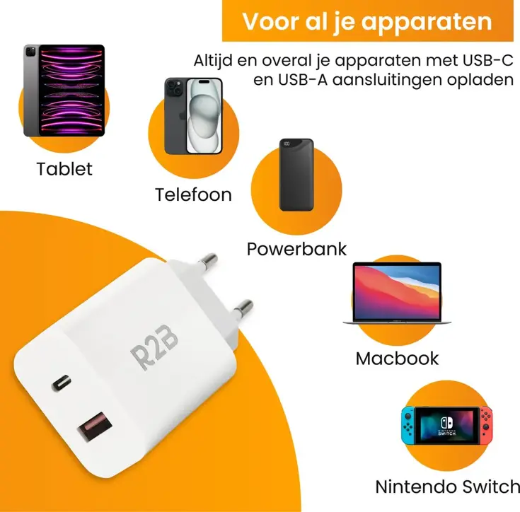Krachtige 20W USB A & USB C Adapter Wit