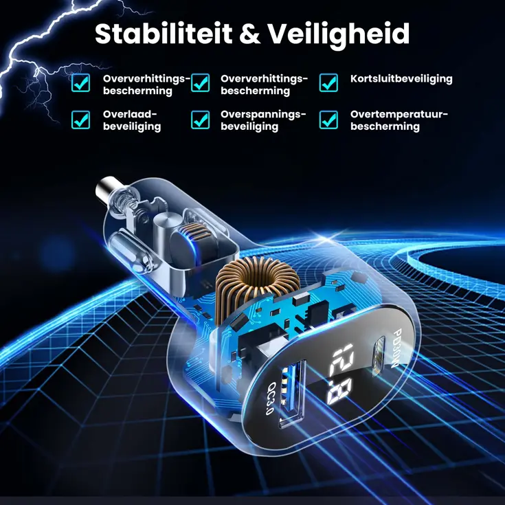 48W Autolader USB-C LED Spanningsmeter 12V