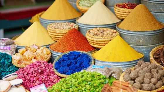 Selection of spices on a traditional Moroccan market (souk) in Marrakech, Morocco