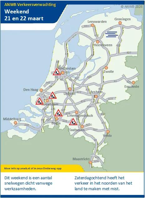 In het weekend kans op vertraging door wegwerkzaamheden (wegafsluitingen). En zaterdagochtend in het noorden van het land kans op mist.