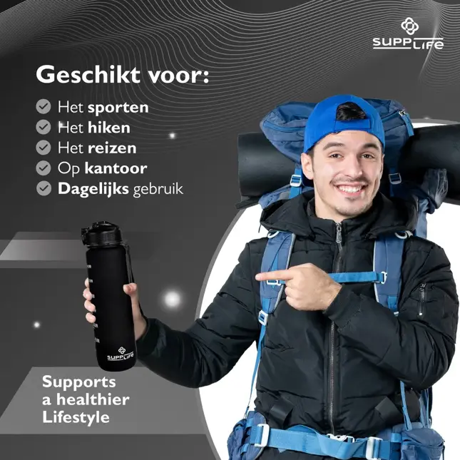 Nederlandse Motivatie Waterfles - Zwart - 1L
