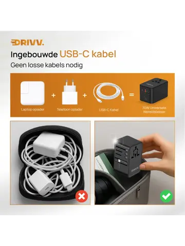 Universele Wereldstekker met kabel - 70W