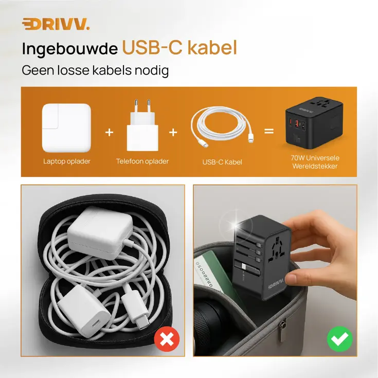 Universele Wereldstekker met kabel - 70W