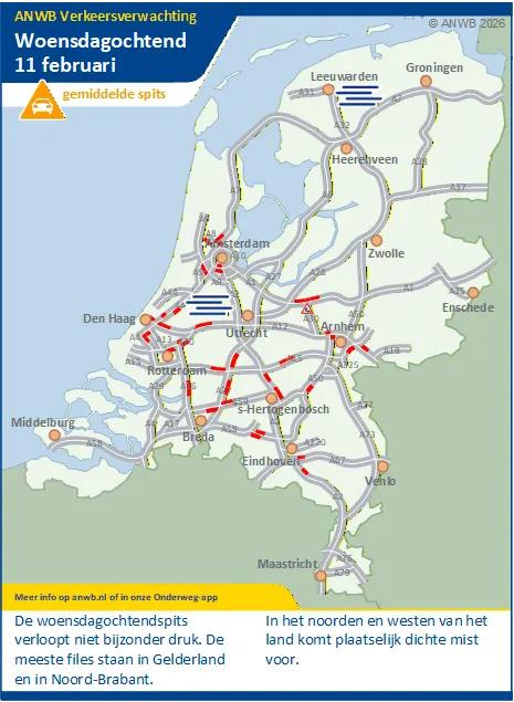 De woensdagochtendspits verloopt niet bijzonder druk. De meeste files staan in Gelderland en in Noord-Brabant. In het noorden en westen van het land komt plaatselijk dichte mist voor.