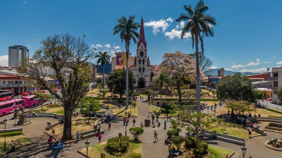 Beautiful aerial view of the main Church in San Jose Costa Rica, La Merced and the Cathedral