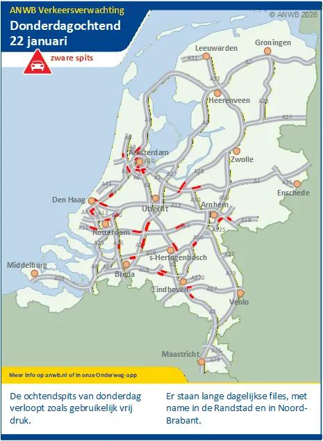 Donderdagochtend 22 januari een drukke/zware spits. Meeste lange files in de Randstad en Noord-Brabant.