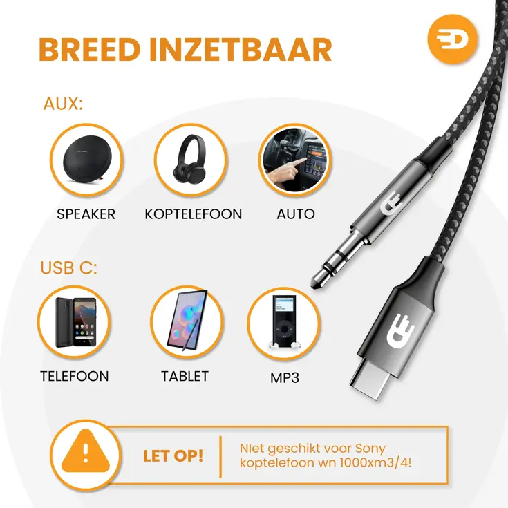 Drivv. USB C Naar AUX Kabel - Nylon - 1 Meter