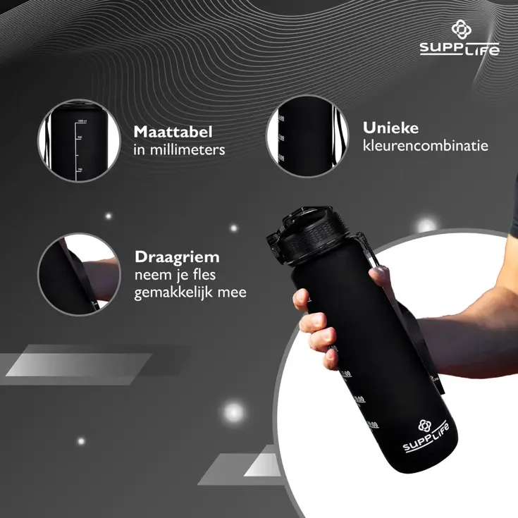 Nederlandse Motivatie Waterfles - Zwart - 1L