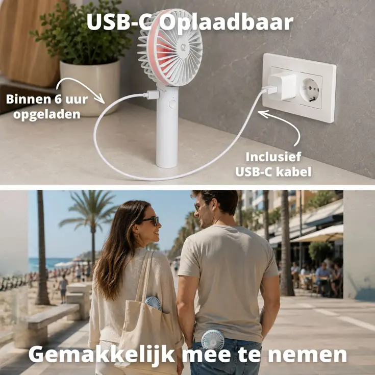 Oplaadbare Handventilator - Wit/Roze