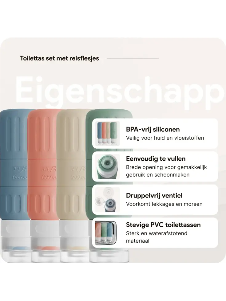 Reisflesjes en Toilettassen –14 delig- Pastel