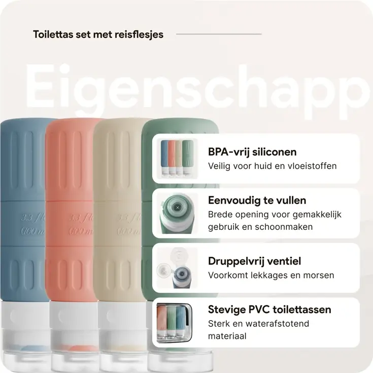 Reisflesjes en Toilettassen –14 delig- Pastel