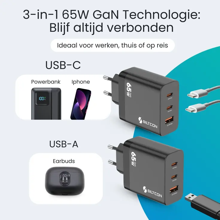Snellader - 65W GaN - 3 Poorten