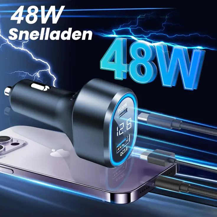 48W Autolader USB-C LED Spanningsmeter 12V
