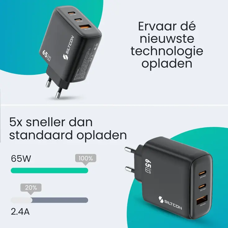 Snellader - 65W - 2x USB-C + USB-A