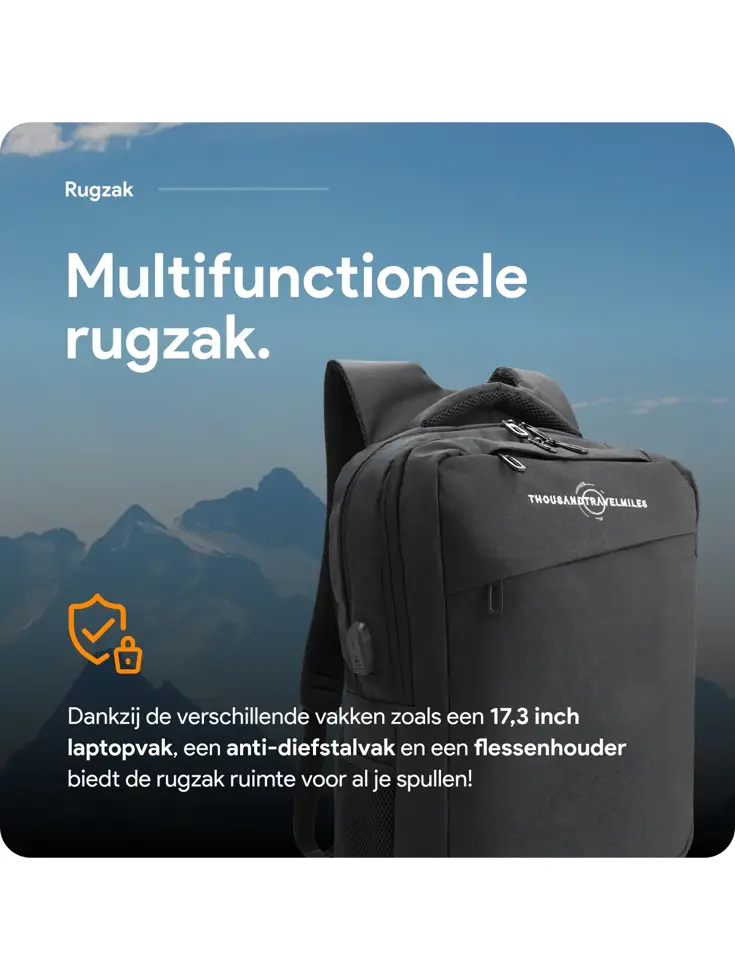 Rugzak met 17" laptopvak en antidiefstal vak