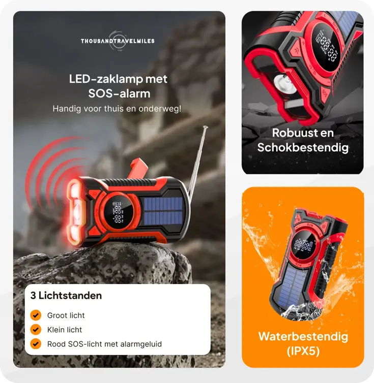 Noodradio met solar dynamo Bluetooth en powerbank