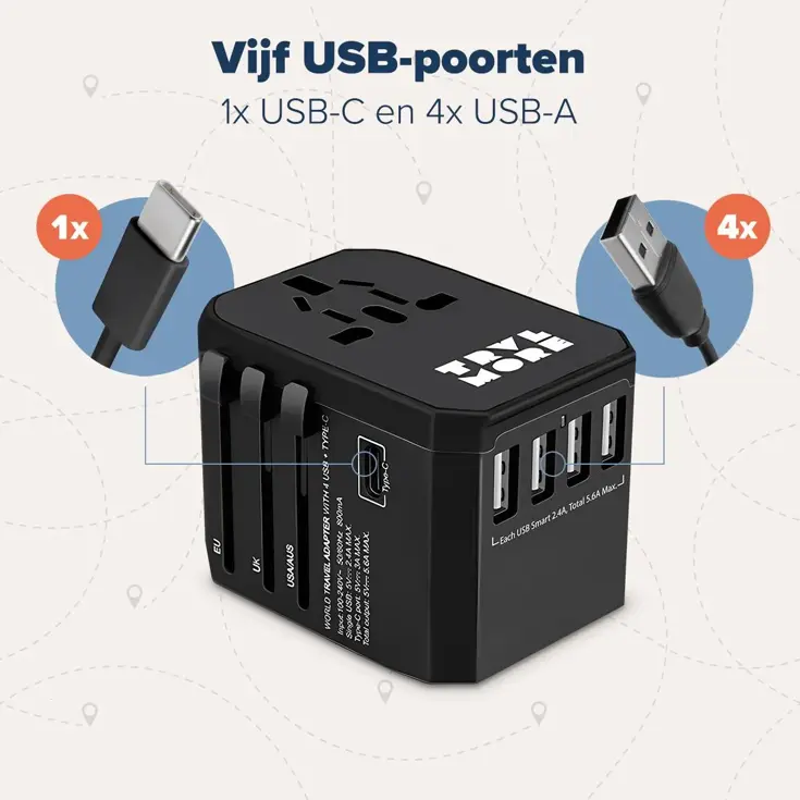 Wereldstekker Universeel – USB C/A