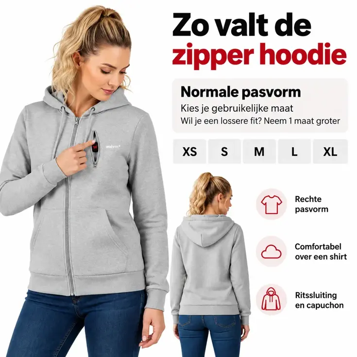 Infrarood Verwarmde Zipper Hoodie – Dames  Grijs