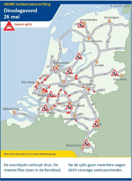 Dinsdagmiddag/-avond een drukke/zware spits. Meeste dagelijkse files in de Randstad.
