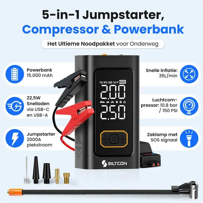 5-in-1 Starthulp & Bandenpomp - 2000A - 10,8 bar