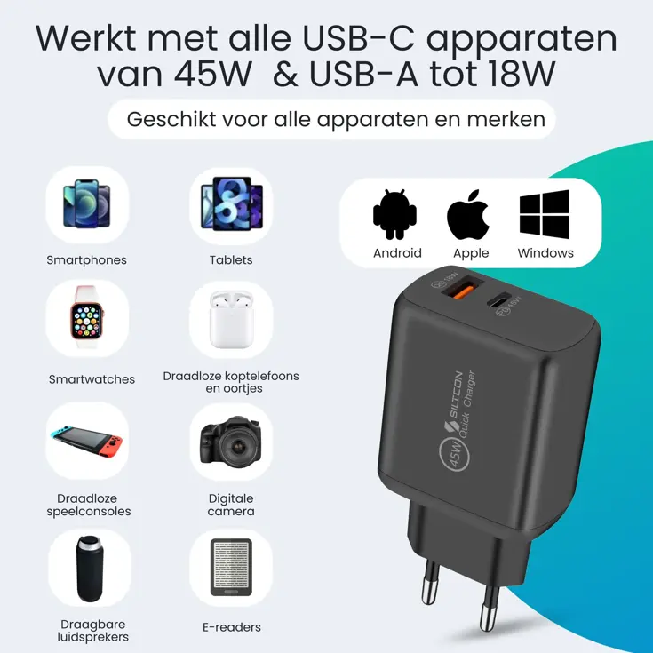 USB-C Snellader - 45W + USB-A 18W - 2m