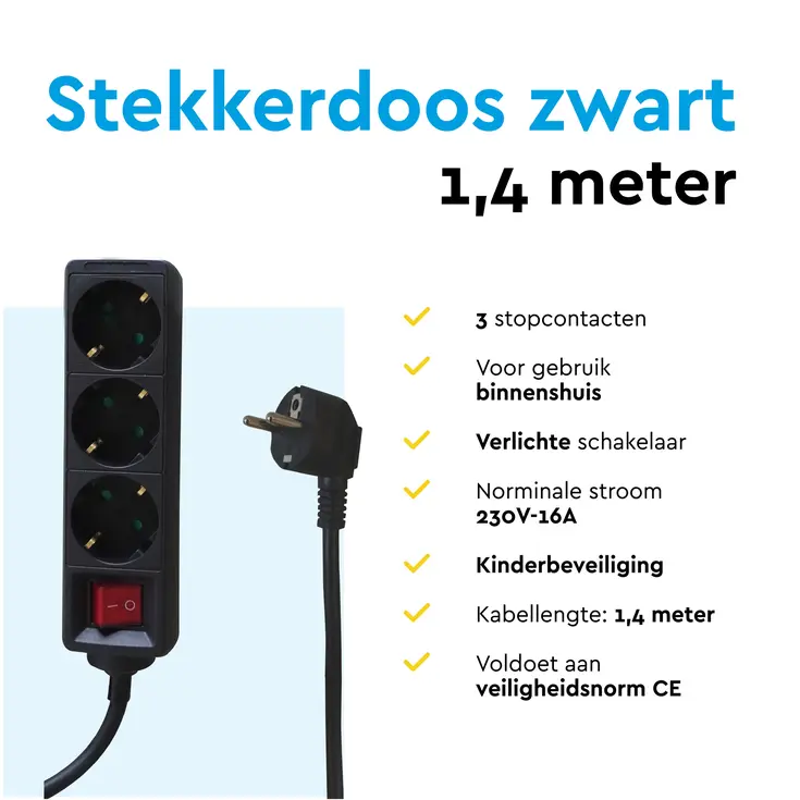 Stekkerdoos 3‑voudig met schakelaar – 1,4 m