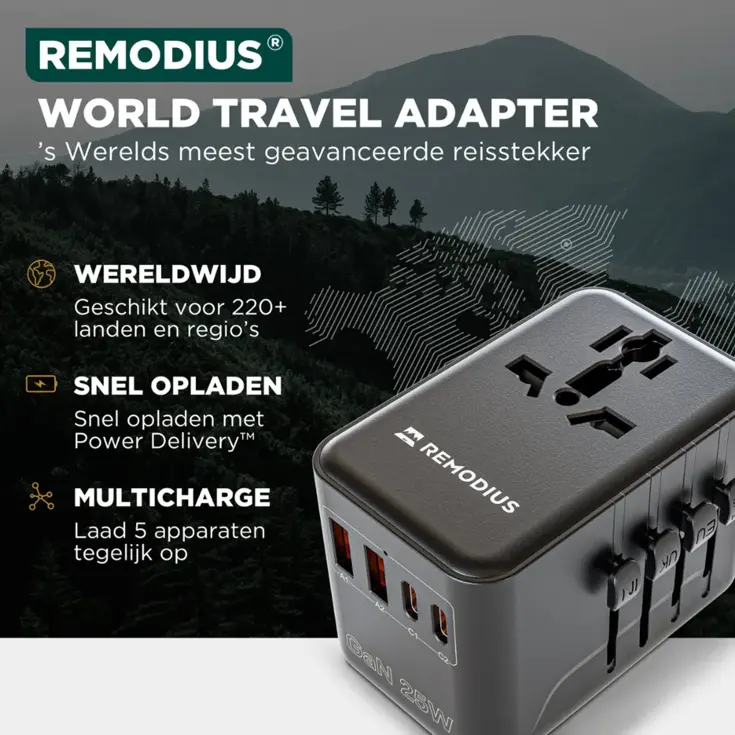Remodius Wereldstekker + 2× Universele Oplaadkabel