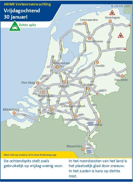 Vrijdagochtend weinig drukte. In het noordoosten plaatselijk glad door sneeuw. In het zuiden kans op dichte mist.