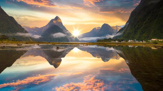 Famous Mitre Peak rising from the Milford Sound fiord. Fiordland national park, New Zealand