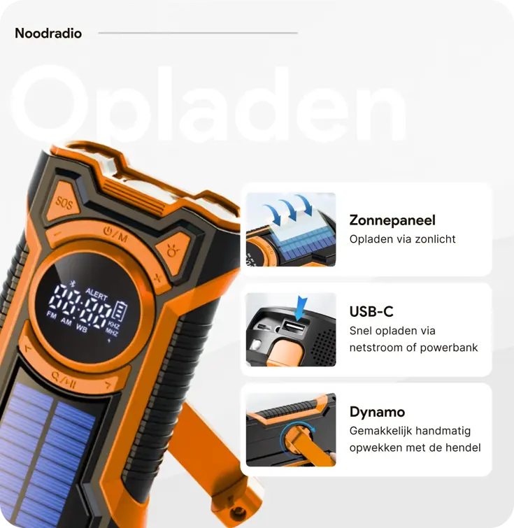Noodradio met solar dynamo Bluetooth en powerbank