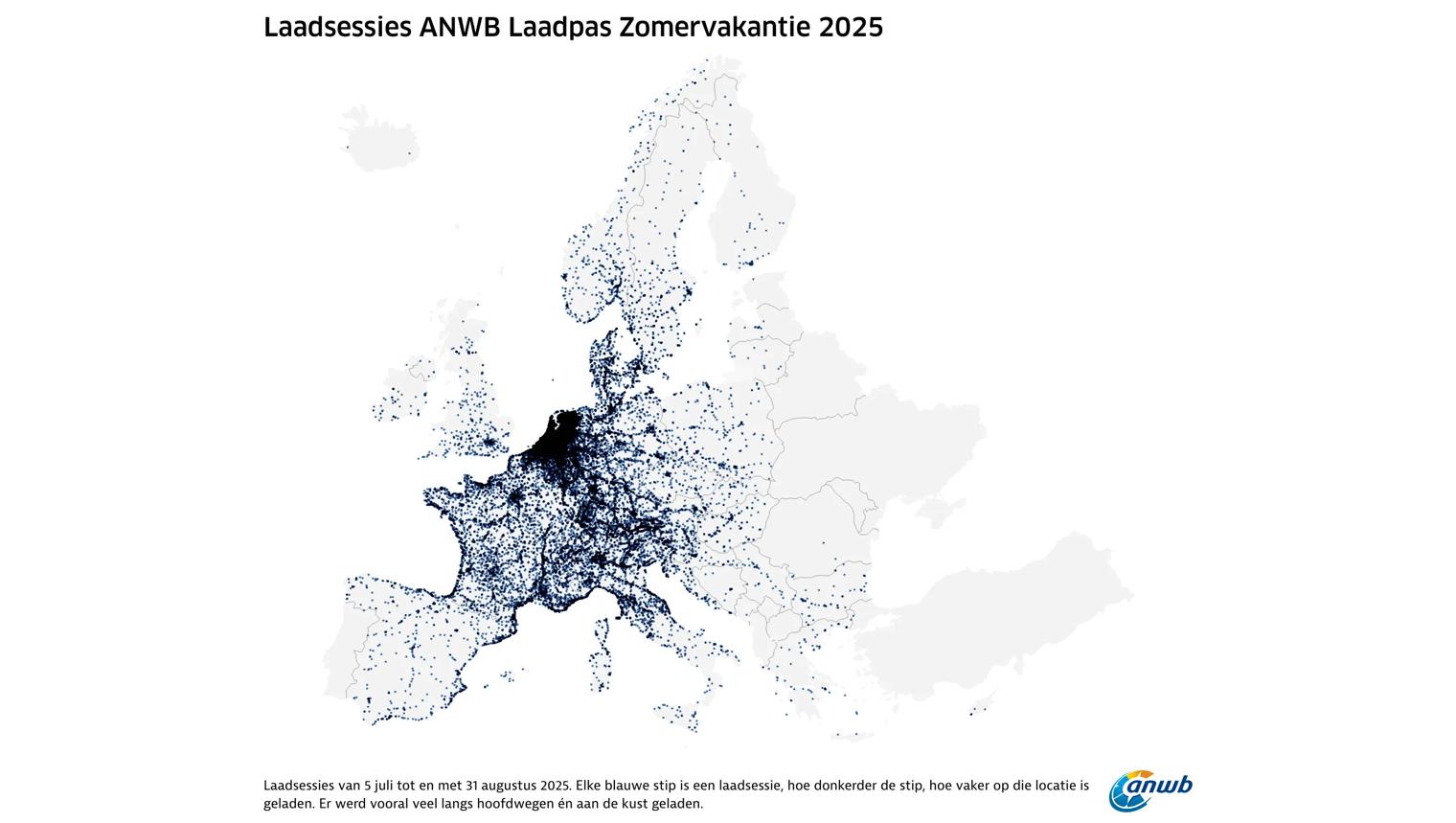 kaart van Europa met alle laadsessies met de ANW Laadpas in de zomervakantie van 2025