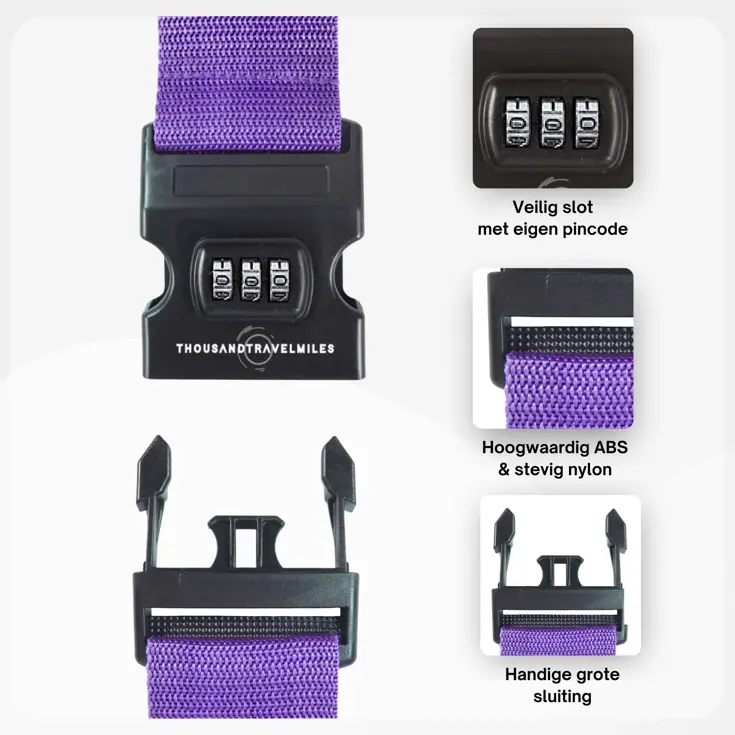 Kofferriem + 2 Bagagelabel – 3-delig – Paars
