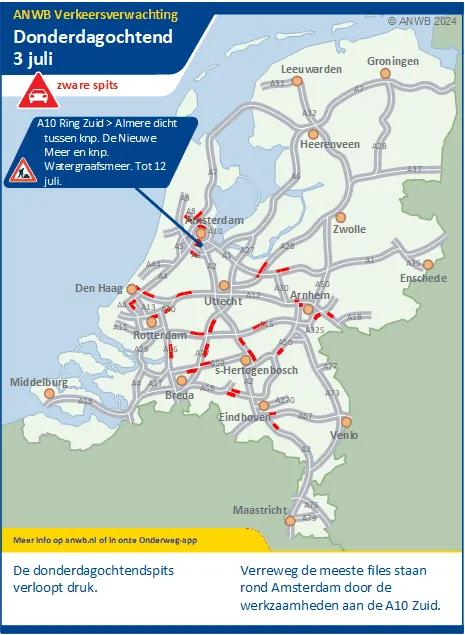 Verkeersverwachting donderdagochtend 3 juli: Een drukke spits. Extra vertraging bij Amsterdam (A10-Zuid) door werkzaamheden.