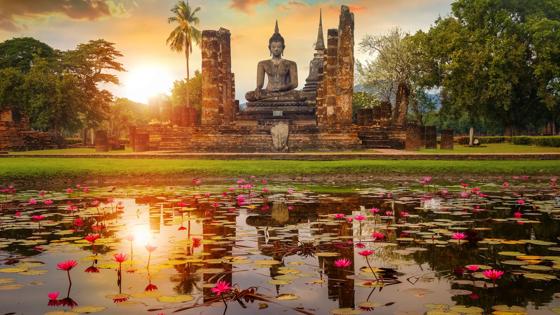 thailand_sukhothai_historical-park_boeddha_vijver_lotusbloemen_ruine_zonsondergang_tempel_shutterstock