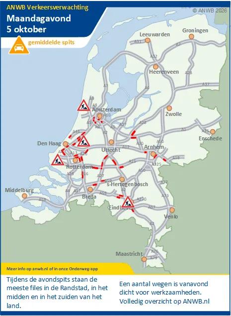 Tijdens de avondspits staan de meeste files in de Randstad, in het midden en in het zuiden van het land. Een aantal wegen is vanavond dicht voor werkzaamheden. Volledig overzicht op ANWB.nl.