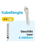 Stekkerdoos 6‑voudig wit 3 m met schakelaar